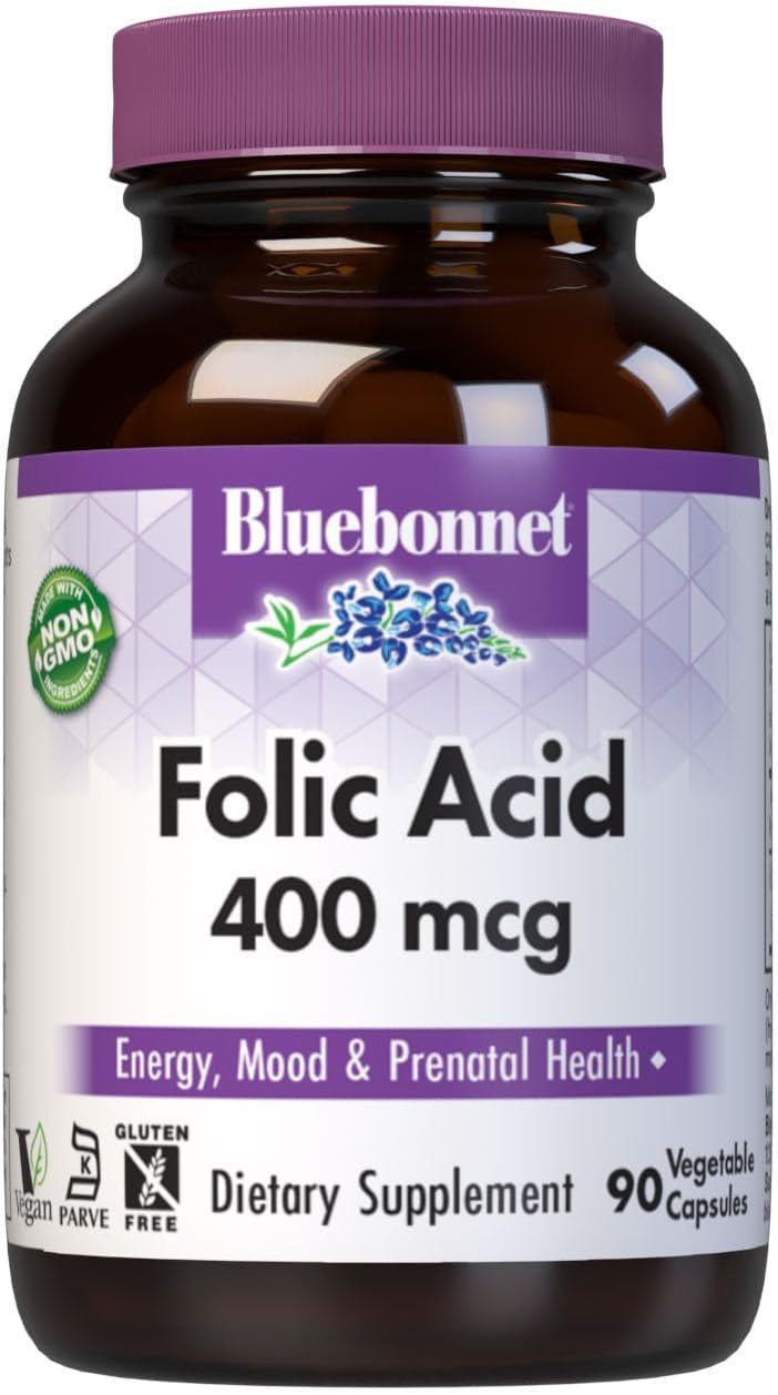 Bluebonnet Nutrition Folic Acid 400 Mcg, Prenatal & Postnatal Health*, Non-Gmo, Vegan, Kosher Certified, Gluten-Free, Soy-Free, Dairy-Free, 90 Vegetable Capsules, 90 Servings