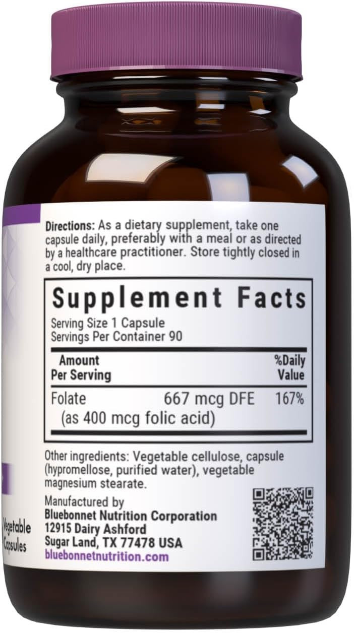 Bluebonnet Nutrition Folic Acid 400 Mcg, Prenatal & Postnatal Health*, Non-Gmo, Vegan, Kosher Certified, Gluten-Free, Soy-Free, Dairy-Free, 90 Vegetable Capsules, 90 Servings