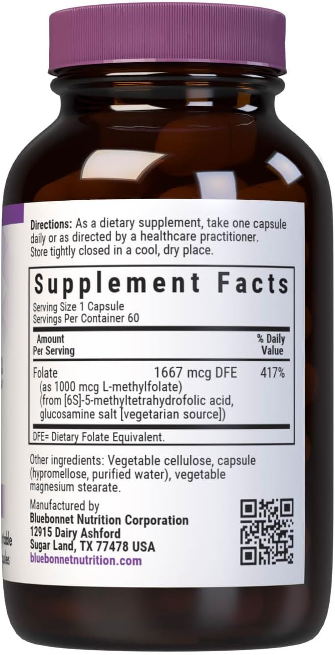 Bluebonnet Nutrition Methylfolate 1000 Mcg, For Energy, Mood, And Prenatal Health*, Non-Gmo, Vegan, Kosher Certified, Gluten-Free, 60 Vegetable Capsules, 60 Servings
