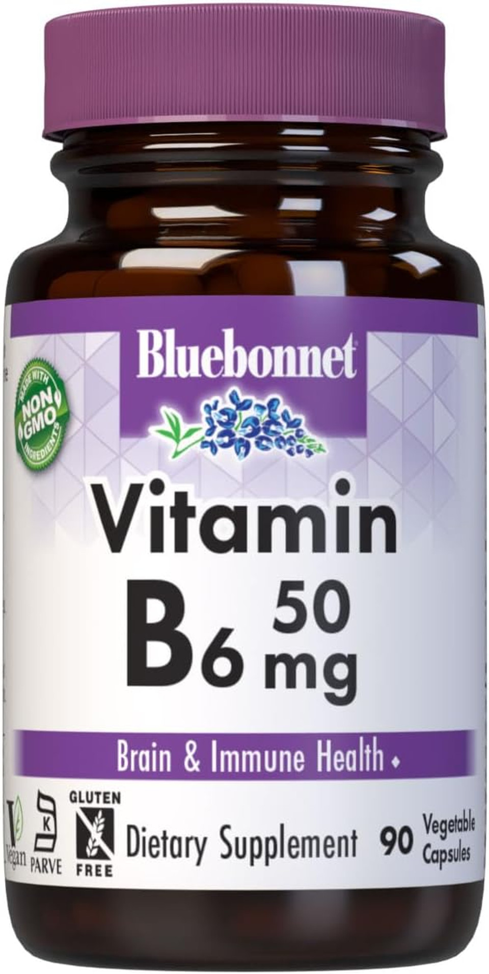 Bluebonnet Nutrition Vitamin B6 50 Mg, Nervous System*, Heart Health*, Non-Gmo, Vegan, Kosher Certified, Gluten-Free, Soy-Free, Dairy-Free, 90 Vegetable Capsules, 90 Servings