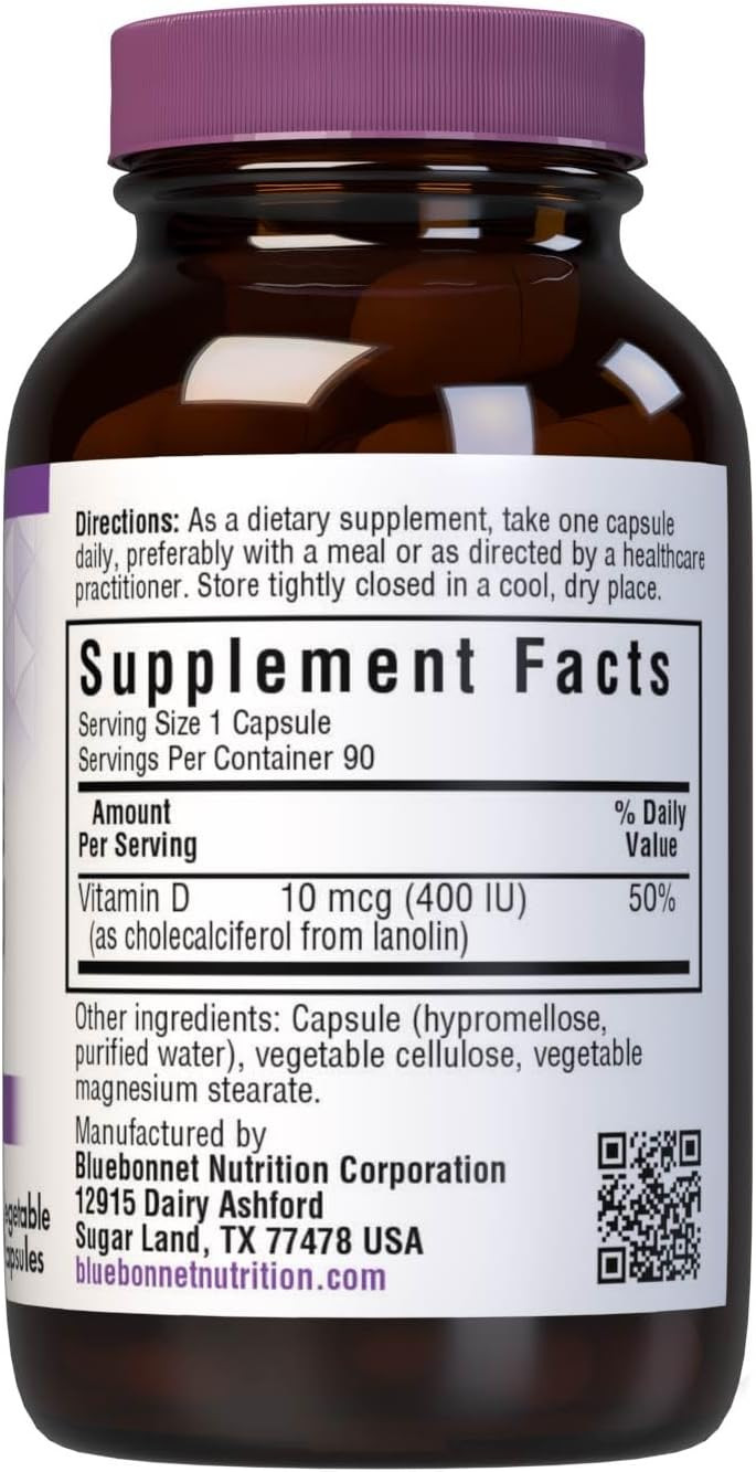 Bluebonnet Nutrition Vitamin D3 400 Iu Vegetable Capsule, Aids In Muscle And Skeletal Growth, Cholecalciferol From Lanolin, D3, Non Gmo, Gluten Free, Soy Free, Milk Free, Kosher, 90 Vegetable Capsule (B0012Dvsjq)
