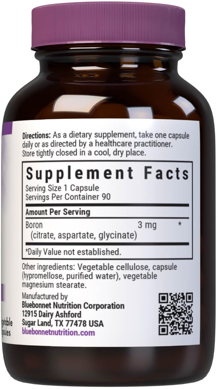 Bluebonnet Triple Boron 3 Mg Trace Mineral Bone Support - Boron Supplement For Men & Women With Citrate Aspartate & Glycinate - Vegan, Non-Gmo - 90 Vegetarian Capsules, 90 Day Supply