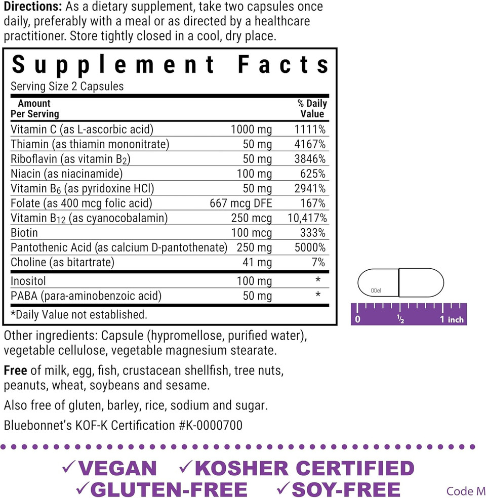 Bluebonnet Vitamin B Complex Full Spectrum B Vitamins - Energy Support - Complete Vit B Inositol Biotin Riboflavin Folate As Folic Acid Choline B6 & B12 - Vegan, Gluten-Free - 100 Vegetable Capsules