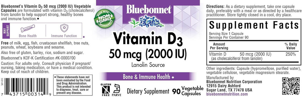 Bluebonnet Vitamin D3 2000 Iu Vegetable Capsules, 90 Count