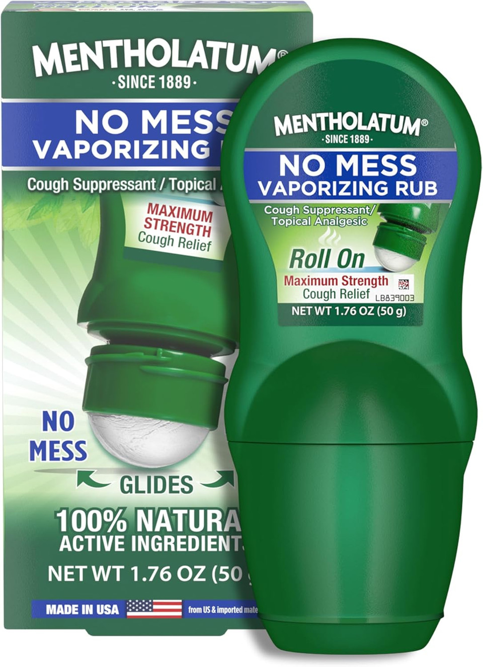 Mentholatum No Mess Vaporizing Rub With Easy-To-Use Roll On Applicator, 1.76 Ounce (50G) - 100% Natural Active Ingredients For Maximum Strength Cough Relief