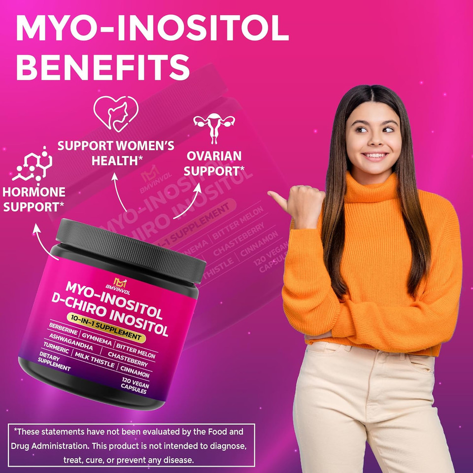 Bmvinvol Inositol Supplement - Myo-Inositol And D-Chiro Inositol Ideal 40:1 Ratio - Plus Berberine, Cinnamon, Ashwagandha + 5 More - 120 Capsules