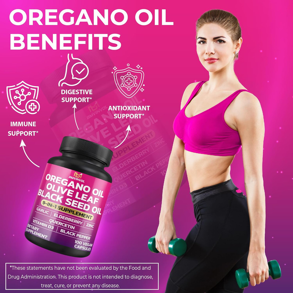 Bmvinvol Oregano Garlic Olive Leaf Black Seed + 5 More - Immune Support & Digestive Health Supplement For Women And Men - 100 Capsules