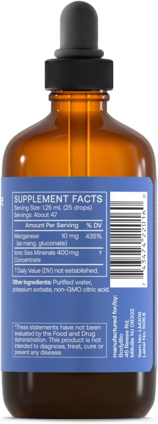 Bodybio - Liquid Manganese For Bone Health, Connective Tissue & Metabolism Support - High Absorption, Pure, Concentrated Manganese Supplement - 2Oz