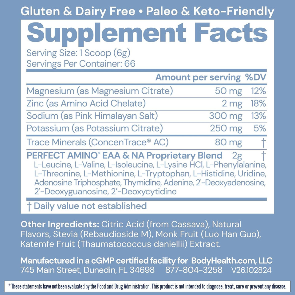 Bodyhealth Perfectamino Electrolytes Powder No Sugar, Hydration Fasting Keto Zero Sugar Electrolytes Drink Mix With Trace Minerals - Nsf Certified For Sport - Lemon Lime - 66 Servings