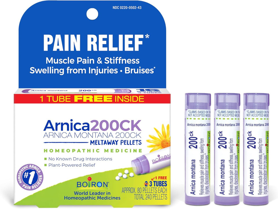 Boiron Arnica Montana 200Ck Homeopathic Medicine For Pain Relief, Muscle Pain & Stiffness, Swelling From Injuries, & Bruises - 3 Count (240 Pellets)