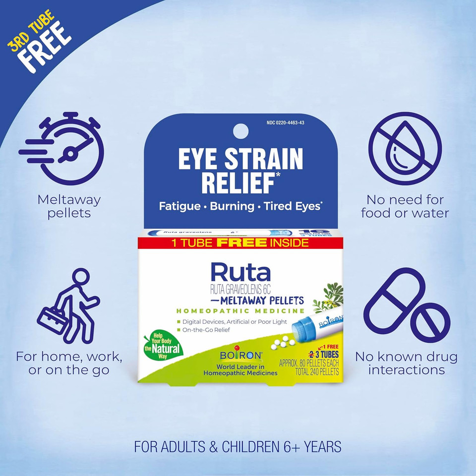 Boiron Ruta Graveolens 6C Homeopathic Medicine For Eye Strain Relief, Fatigue, Burning, Or Tired Eyes - 3 Count (240 Pellets)