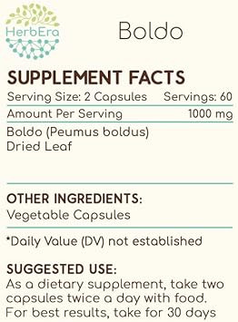 Boldo 120 Capsules, 500 Mg, Boldo (Peumus Boldus) Dried Leaf (120 Capsules)