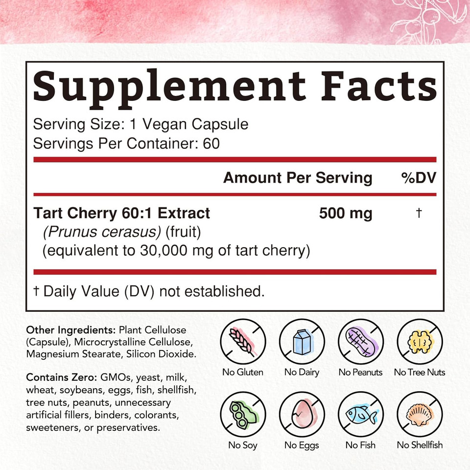 Bonawell Tart Cherry 60:1 Extract, 30000Mg Strength, Made From Montmorency Tart Cherries, Powerful Uric Acid Cleanse, Mobility, 2 Month Supply, 60 Capsules