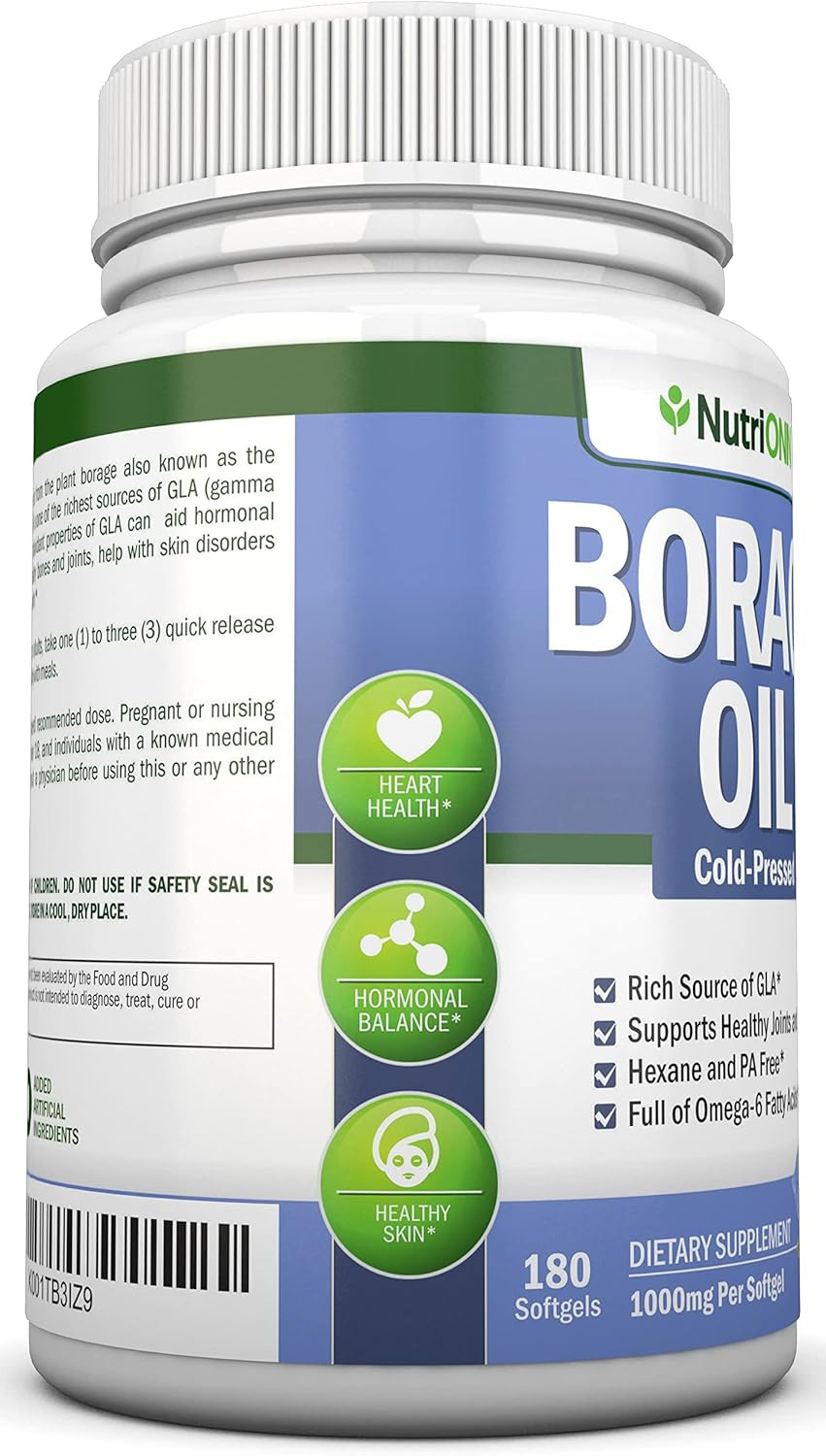 Borage Oil - 1000 Mg - 180 Softgels - Cold Pressed High Gla Borage Seed Oil - Hexane And Pa Free - Great For Skin, Hair And Bones