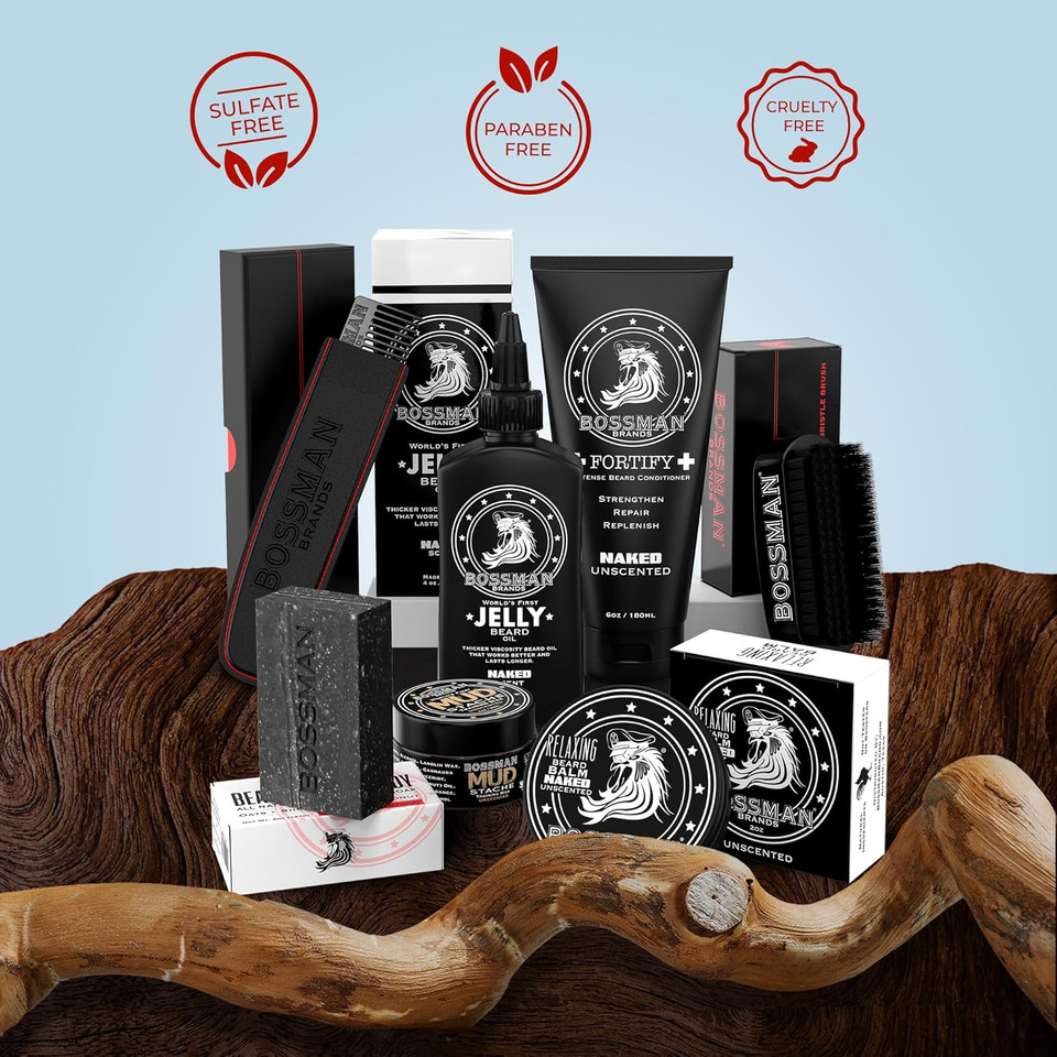 Bossman Big Boss Beard Care Kit For Men - 7 Piece Beard Grooming Kit With Jelly Beard Oil, Beard Conditioner, Beard Balm, Mudstache Wax, Bar Soap, Metal Comb, Brush - Mustache Kit (Naked)