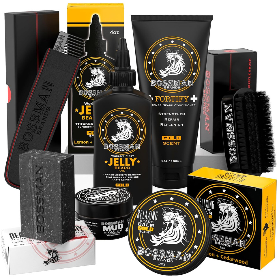 Bossman Big Boss Beard Care Kit For Men - 7 Piece Grooming Set With Jelly Beard Oil, Conditioner, Balm, Wax, Soap, Comb, Brush - Gold Scent