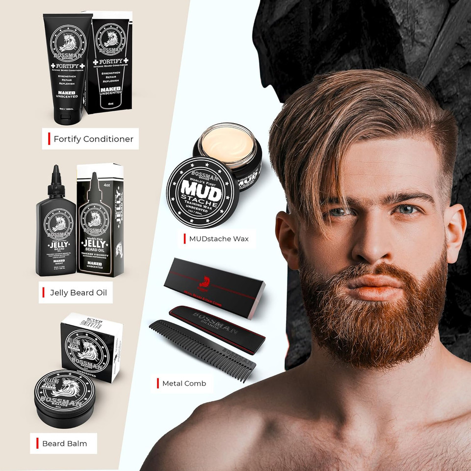 Bossman Complete Beard Kit  Men'S Beard Oil Jelly, Fortifying Shower Conditioner, Balm, Mustache Wax & Comb  Beard Softener & Grooming Care (Hammer Scent)
