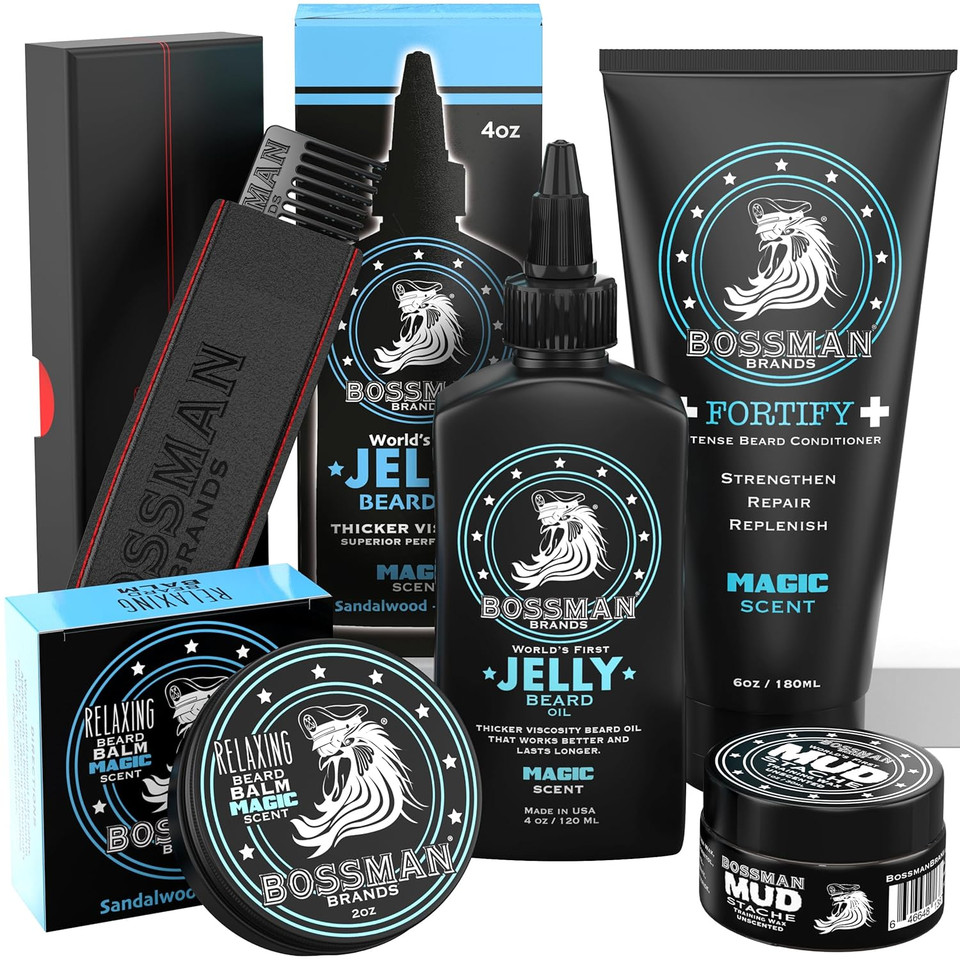 Bossman Complete Beard Kit  Men'S Beard Oil Jelly, Fortifying Shower Conditioner, Balm, Mustache Wax & Comb  Beard Softener & Grooming Care (Magic Scent)