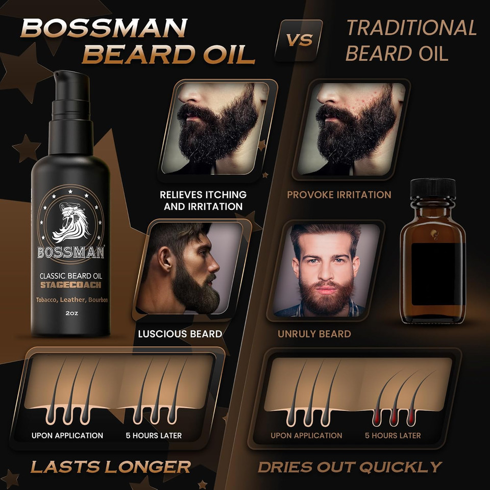 Bossman Organic Mustache & Beard Oil For Men, 2 Oz  Natural Beard Moisturizer With Jojoba, Argan & Avocado Oils (Stagecoach Scent)