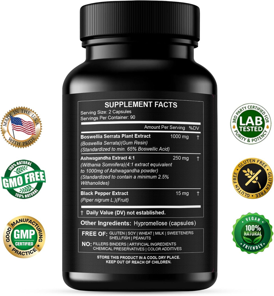 Boswellia Extract And Organic Ashwagandha Capsules 2000 Mg - Strong Natural Support Pills 3 Month Supply - Consentrated Boswellia Serrata 65% Boswellic Acid With Ashwagandha Powder Supplement