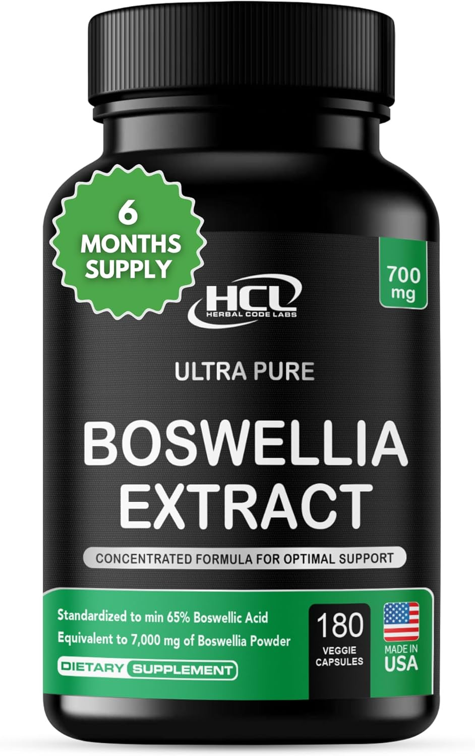 Boswellia Serrata Extract Capsules 65% Boswellic Acid 700Mg Equal To 7000Mg Resin Powder, Extra Strength & Superior Absorption, 6 Month Supply 180 Vegan Capsules Non-Gmo
