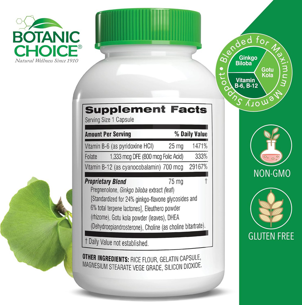 Botanic Choice Advanced Memory Complex - Mood Support Brain Supplements For Memory And Focus - Proprietary Herbal Blend With Ginkgo Biloba - Gluten And Allergen Free - 60 Count Pills