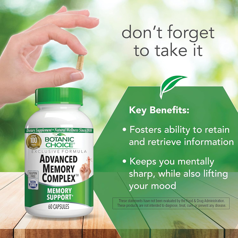 Botanic Choice Advanced Memory Complex - Mood Support Brain Supplements For Memory And Focus - Proprietary Herbal Blend With Ginkgo Biloba - Gluten And Allergen Free - 60 Count Pills