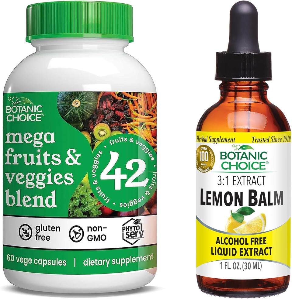 Botanic Choice Mega Fruits And Veggies Blend (60 Capsules) + Lemon Balm Tincture (1 Fl Oz) Bundle - Energy Balance & Superfood Supplement + Relaxation And Sleep Support