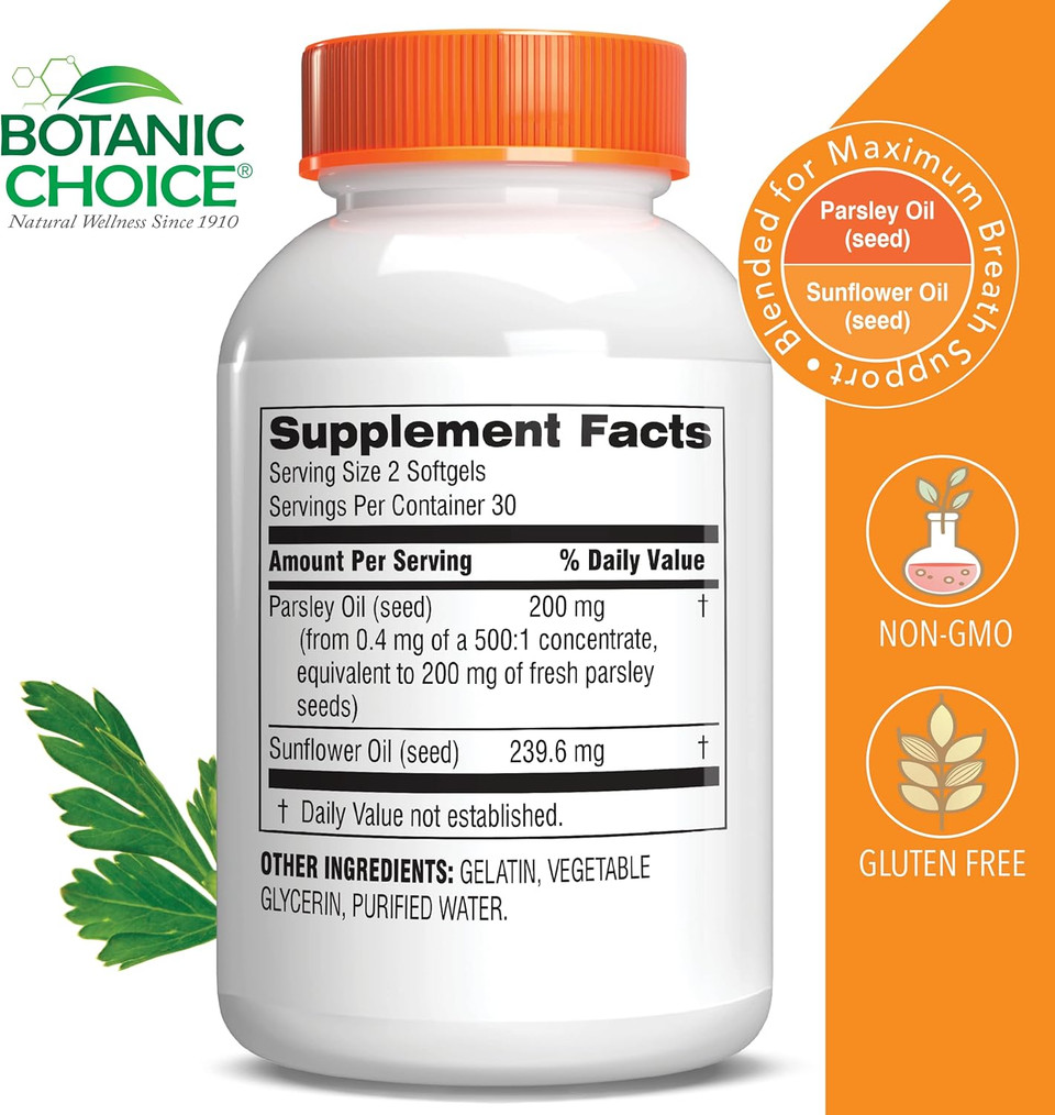 Botanic Choice Parsley Seed Oil-For Bad Breath From Odor-Causing Foods-Odor Neutralizer From Within-Breath Freshener Gels-60 Softgels