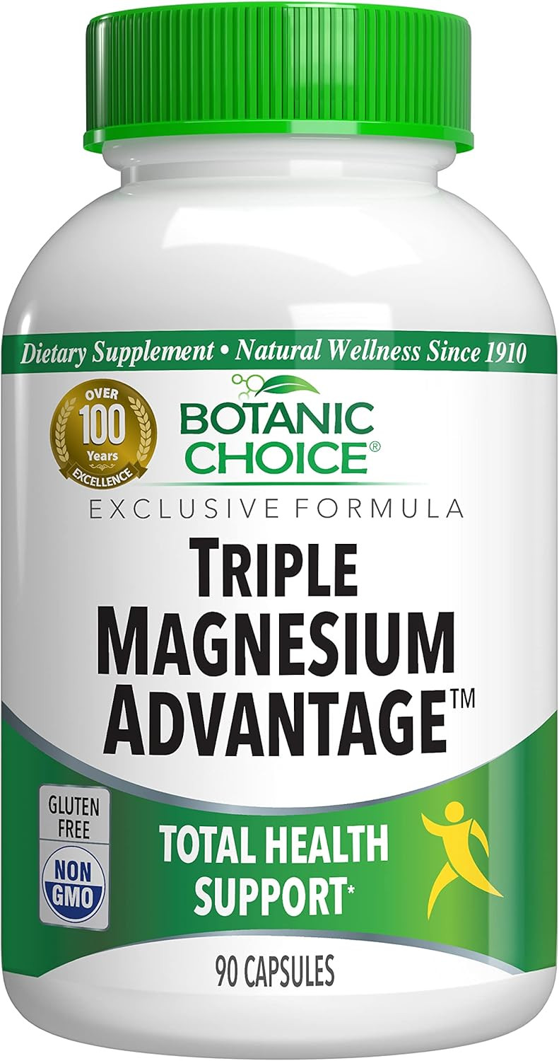 Botanic Choice Triple Magnesium Advantage - Magnesium Aspartate Citrate & Lactate Complex Supplement For Nerve, Digestive, Muscular & Heart Health For Men & Women (90 Capsules)