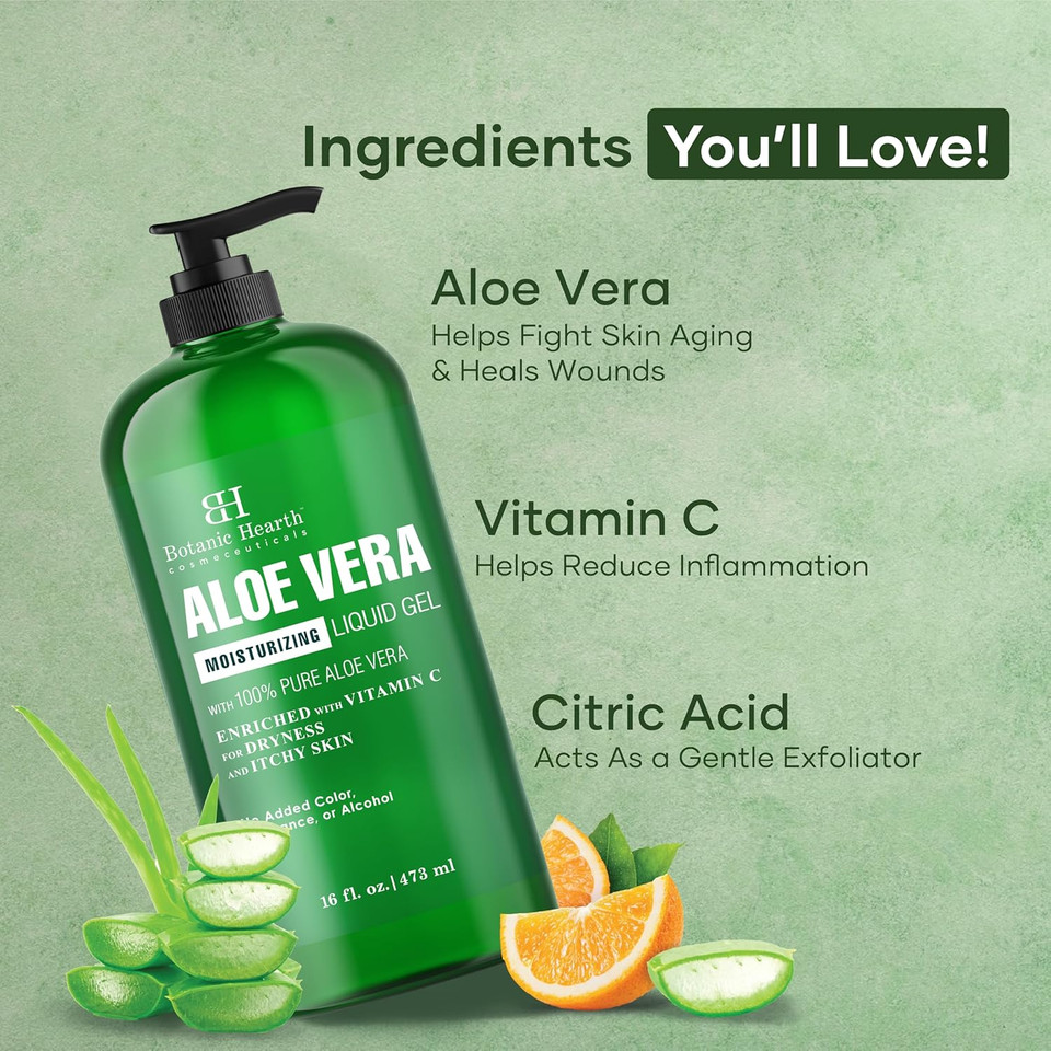 Botanic Hearth Aloe Vera Moisturizing Liquid Gel  100% Pure Aloe, Enriched With Vitamin C For Dry & Itchy Skin  No Added Color, Fragrance, Or Alcohol  16 Fl. Oz