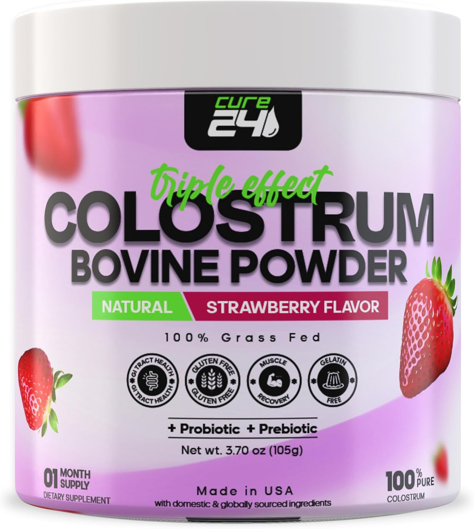 Bovine Colostrum X3 Supplement Powder For Humans, 100% Pure Whole Natural Grass Fed Superfood, High Igg, Plus Probiotic & Prebiotic, Natural Strawberry Flavor, Made In Usa