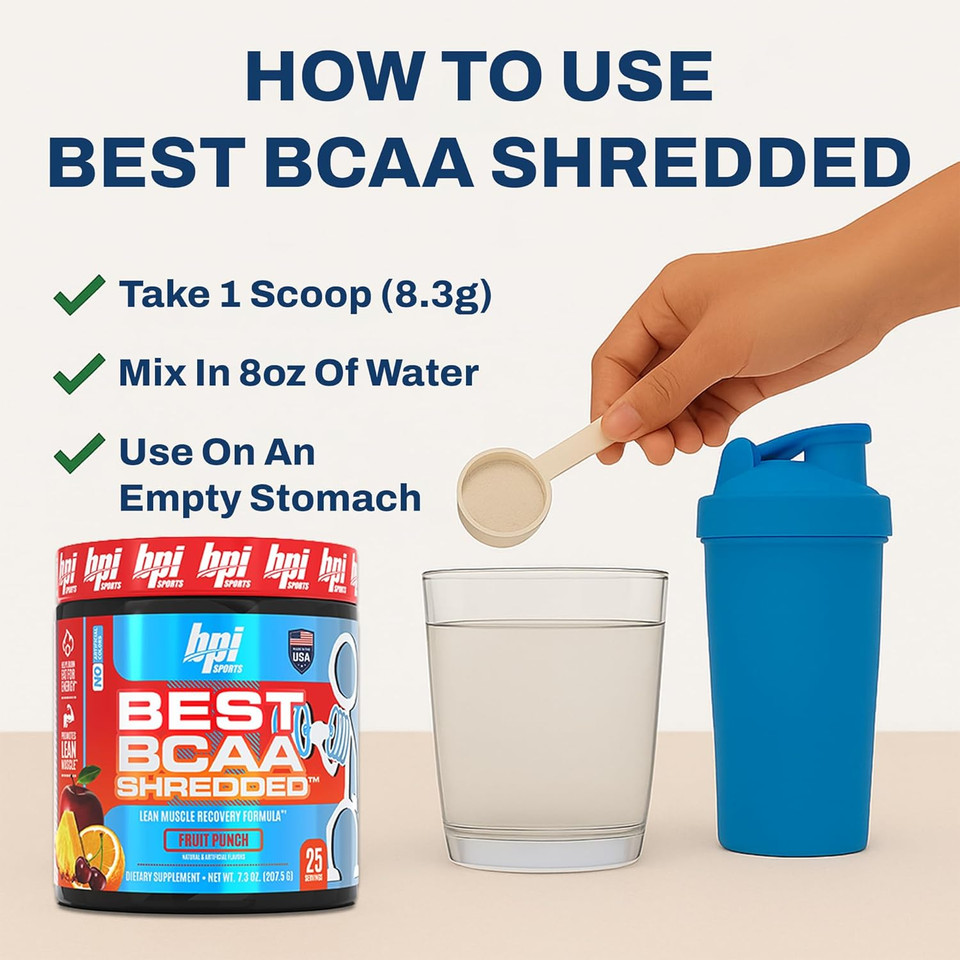 Bpi Sports Best Bcaa Shredded - Caffeine Free Thermogenic Recovery Drink, Lean Muscle Building Bcaa Powder For Women And Men, Preworkout Bcaas Amino Acids Drink- Blue Raz - 25 Servings