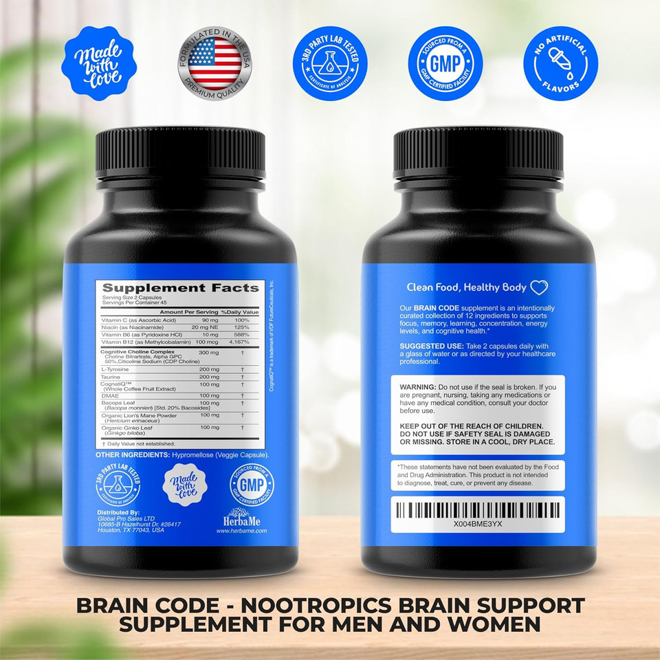 Brain Code Nootropic Brain Supplement For Memory And Focus | Supports Cognitive Health & Mental Clarity, Enhance Concentration | 90 Capsules