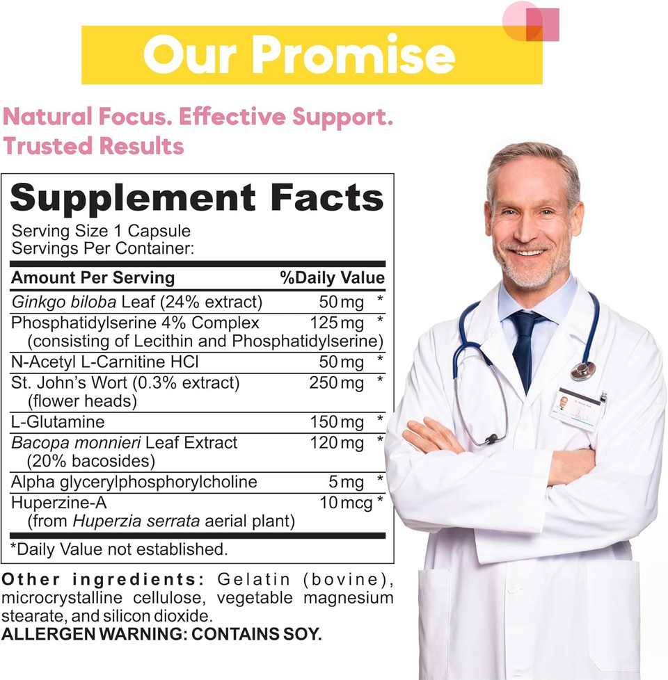 Brain Neuro Matrix Nootropic For Memory & Focus  For Seniors & Students  Brain Supplement With Ginkgo Biloba, Huperzine A  90 Caps  3 Month Supply  Vegan  Natural  Caffeine-Free