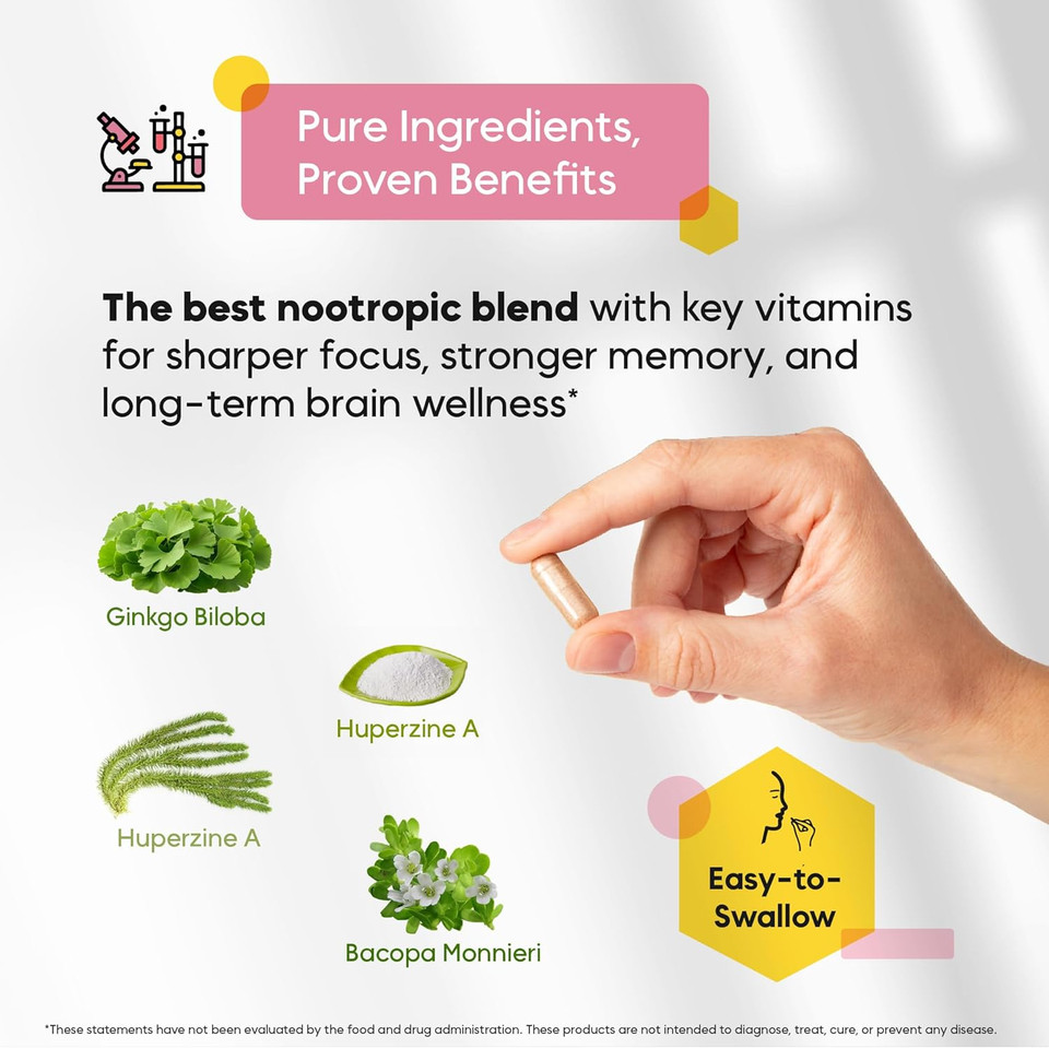 Brain Neuro Matrix Nootropic For Memory & Focus  For Seniors & Students  Brain Supplement With Ginkgo Biloba, Huperzine A  90 Caps  3 Month Supply  Vegan  Natural  Caffeine-Free