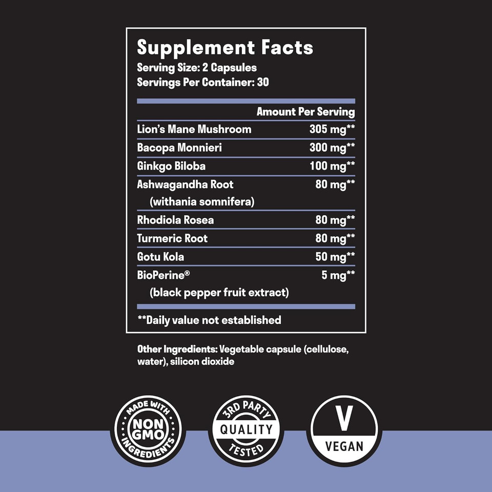 Brain Support Supplement - Natural Memory And Focus Supplement With LionS Mane, Ginkgo Biloba, Bacopa Monnieri & Ashwagandha Root - Natural Nootropics & Brain Booster | 60 Capsules