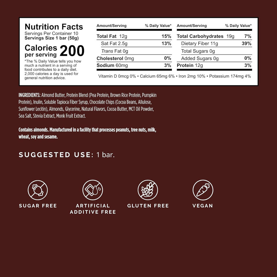 Brainmd Brain Boost, Dark Chocolate Almond - 10 Plant-Powered Protein Bars - Vegan, Gluten Free, Keto Friendly