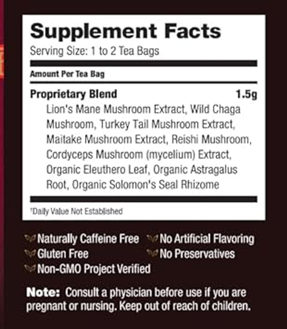 Bravo Tea 6 Mushroom Defense Herbal Tea, Caffeine Free 20 Tea Bags, 1 Count