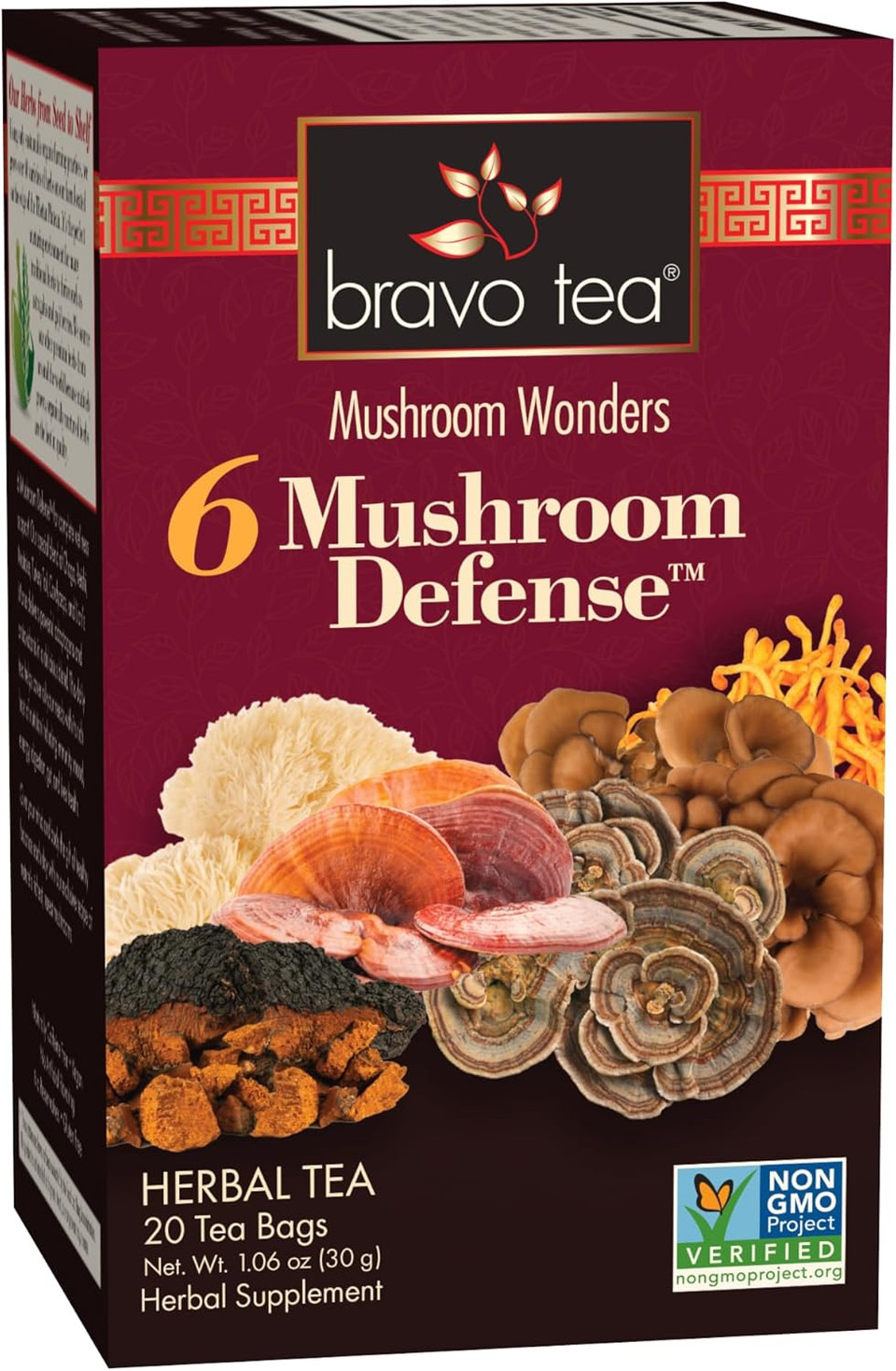 Bravo Tea 6 Mushroom Defense Herbal Tea, Caffeine Free 20 Tea Bags, 6 Count