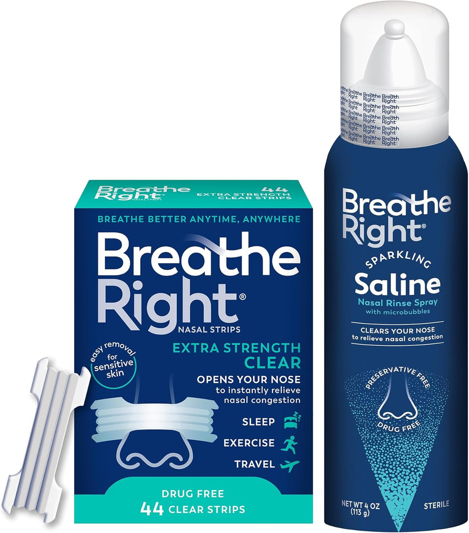 Breathe Right Extra Strength Clear Nasal Strip (44Ct) And Breathe Right Saline Nasal Rinse Spray 4.0 Oz Bundle