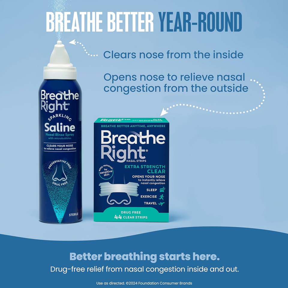 Breathe Right Extra Strength Clear Nasal Strip (44Ct) And Breathe Right Saline Nasal Rinse Spray 4.0 Oz Bundle