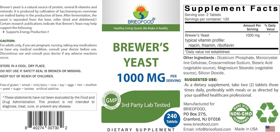 Brieofood Brewers Yeast 1000 Mg Per Serving - 240 Tablets - 3Rd Party Labe Tested For Purity & Quality