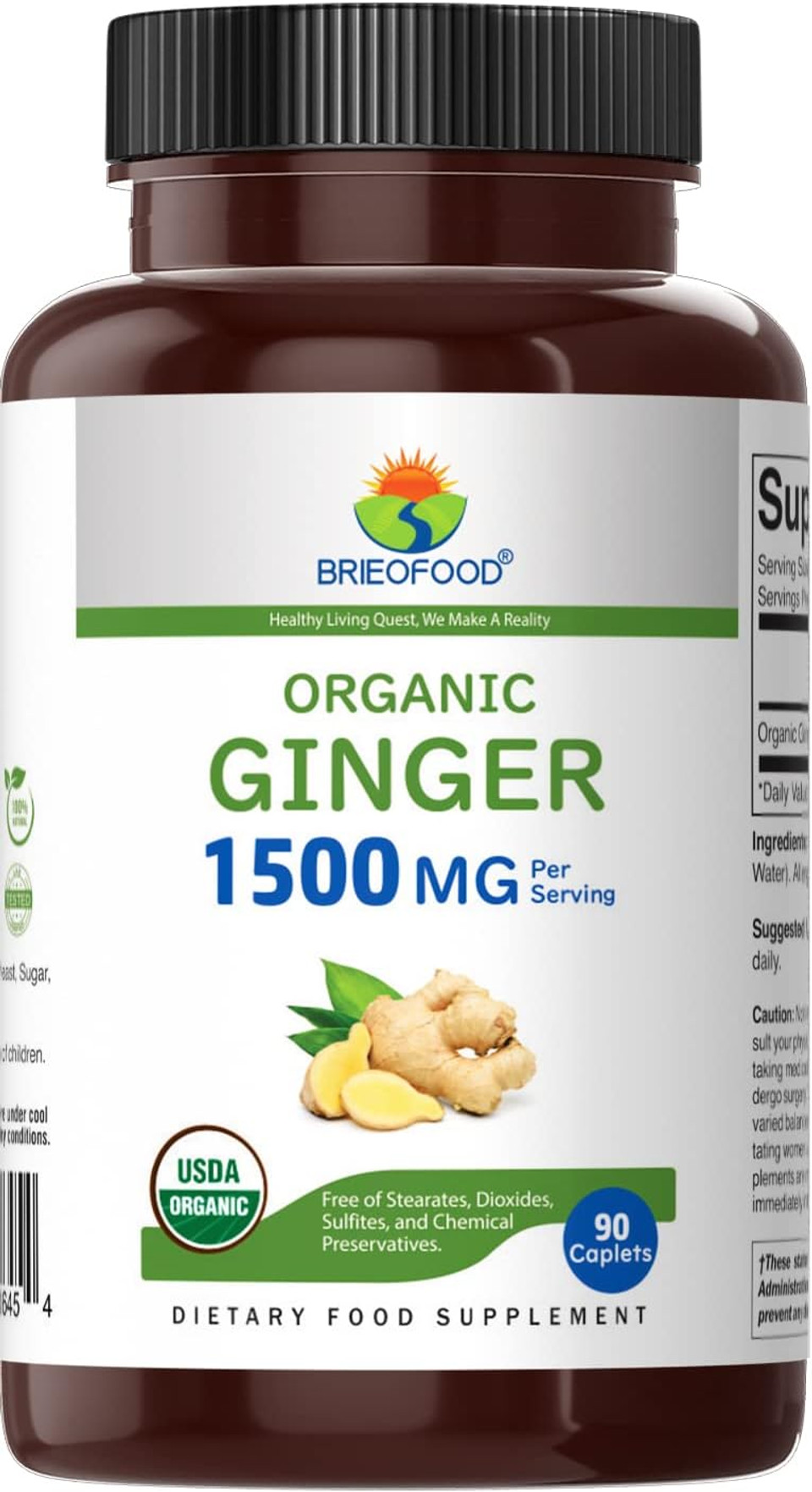 Brieofood Organic Ginger 1500Mg, 45 Servings, Vegetarian, Gluten Free, 90 Vegetarian Tablets