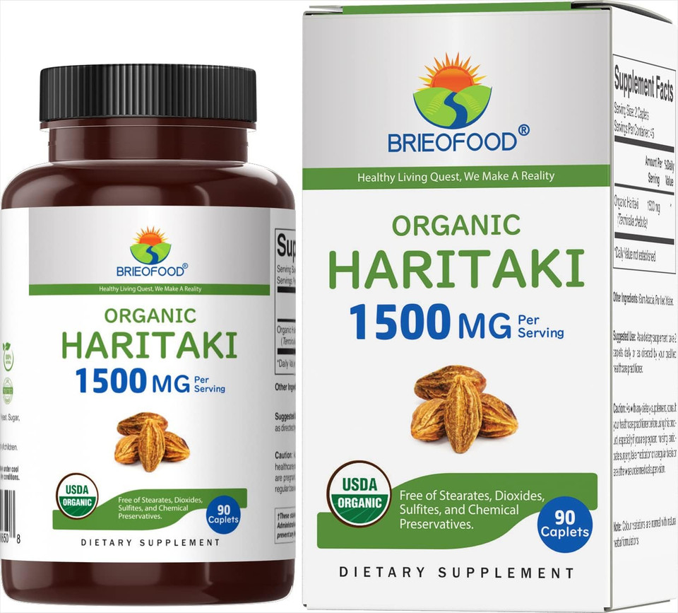 Brieofood Organic Haritaki 1500Mg, 45 Servings, Vegetarian, Gluten Free, 90 Vegetarian Tablets