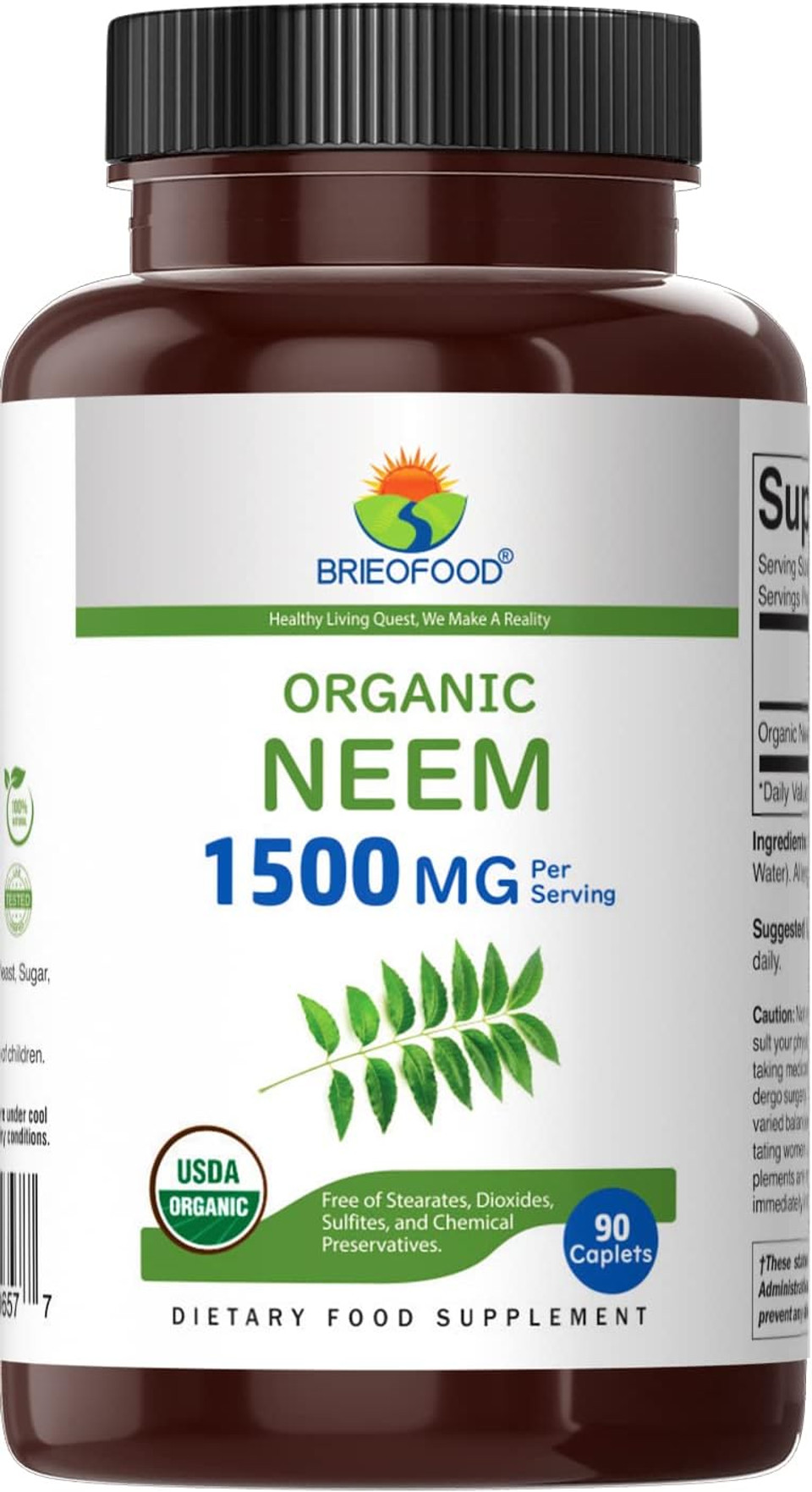 Brieofood Organic Neem 1500Mg, 45 Servings, Vegetarian, Gluten Free, 90 Vegetarian Tablets