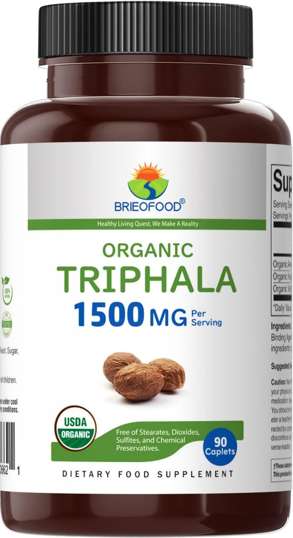 Brieofood Organic Triphala 1500Mg, 45 Servings, Vegetarian, Gluten Free, 90 Vegetarian Tablets