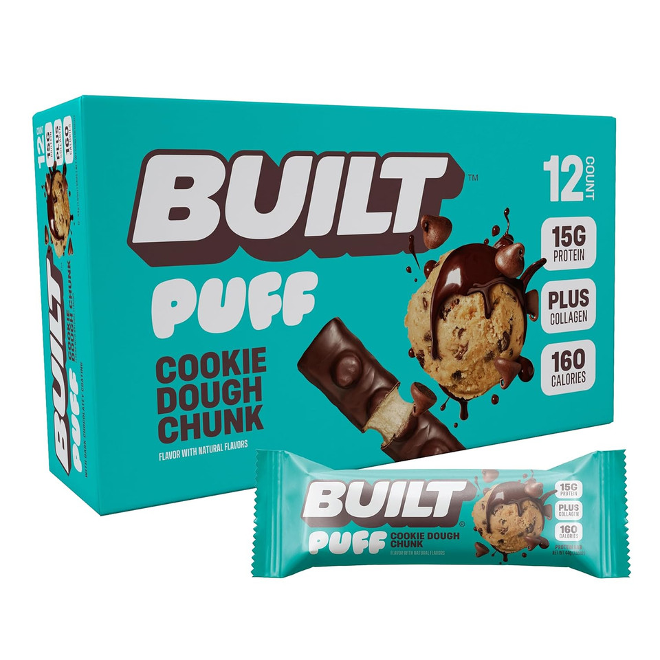Built Bar, Puff Protein Bars, Cookie Dough Chunk Puff, 15G Protein Snacks, On-The-Go Bars, Only 160 Calories, 8G Sugar, Collagen, Not Gluten Free, 12 Count