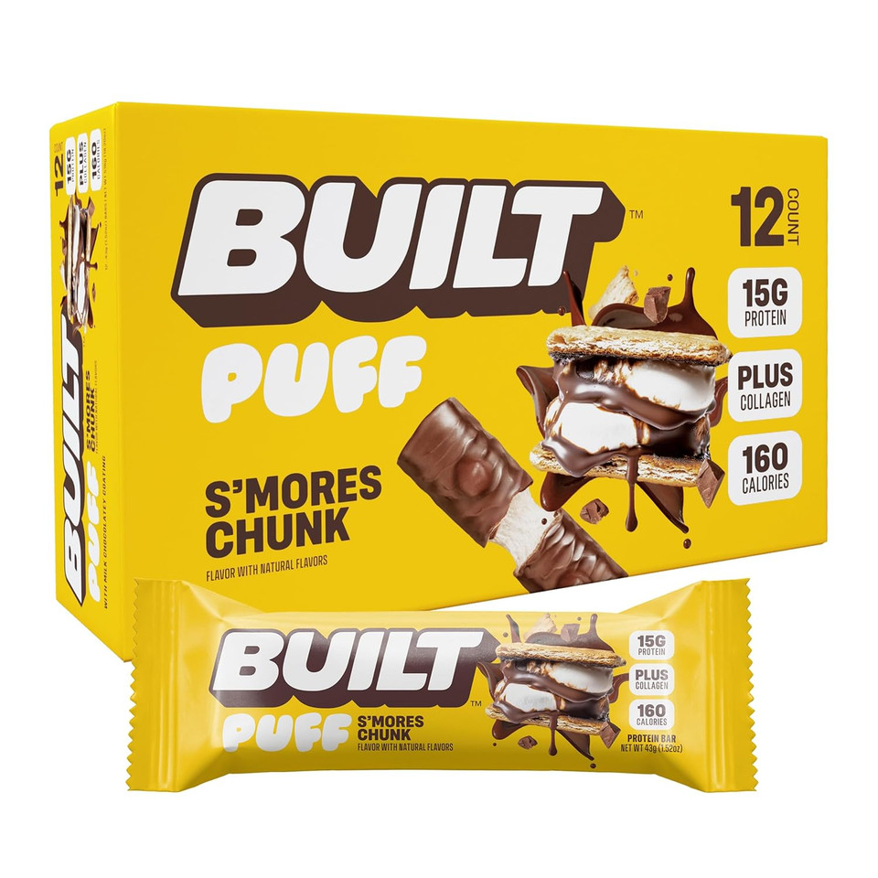 Built Bar, Puff Protein Bars, S'Mores Chunk Puff, 15G Protein Snacks, On-The-Go Bars, Only 160 Calories, 9G Sugar, Collagen, Not Gluten Free, 12 Count