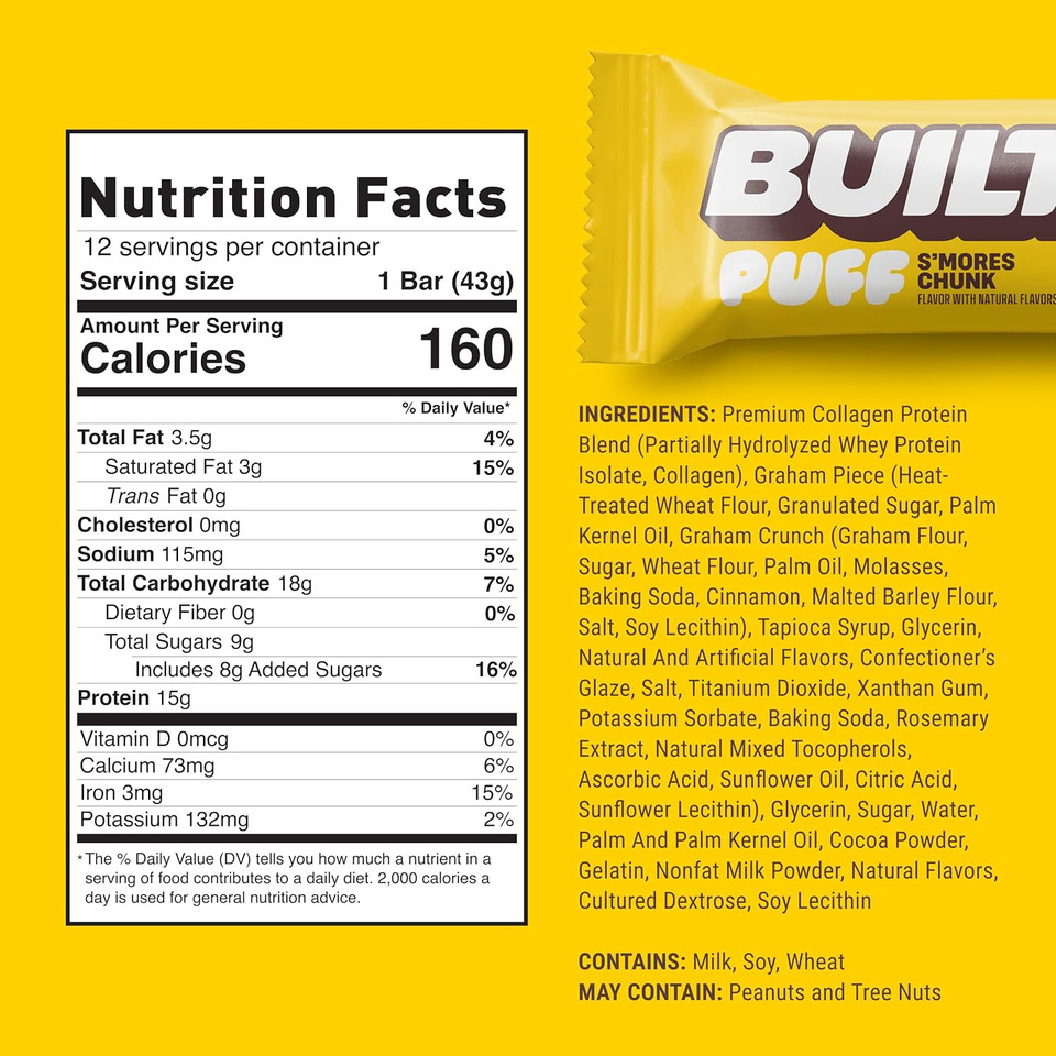 Built Bar, Puff Protein Bars, S'Mores Chunk Puff, 15G Protein Snacks, On-The-Go Bars, Only 160 Calories, 9G Sugar, Collagen, Not Gluten Free, 12 Count